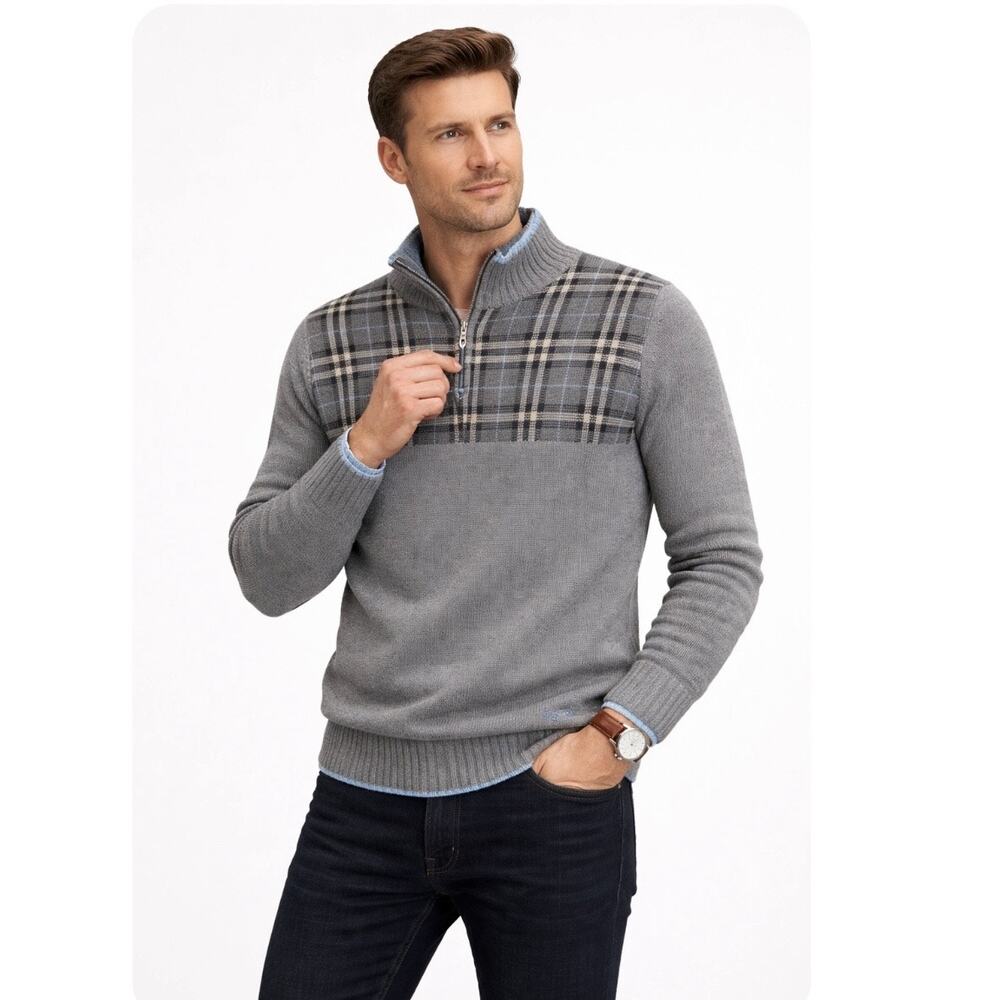 Burberry Black Label Wool Quarter Zip Sweater Plaid Panel Size Small